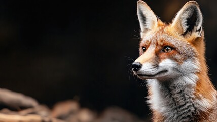 Naklejka premium Red fox with sharp eyes and ears stands alert, showcasing its striking fur against dark background