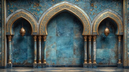 Ornate blue and gold archway with pillars and hanging lanterns.