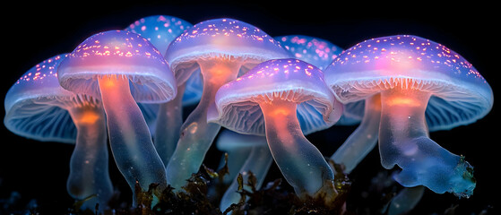 Obraz premium Vibrant and ethereal glow of bioluminescent mushrooms illuminating the dark environment.