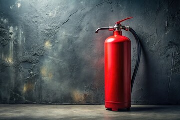 Obraz premium Close-up of a surreal fire extinguisher against a grey wall; abstract fire safety image, perfect for text.