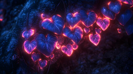 Obraz premium Vibrant hearts-shaped leaves glowing softly in an enchanting dark setting, evoking a magical and serene atmosphere.
