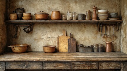 Rustic Kitchen Shelves Filled with Vintage Cookware and Utensils