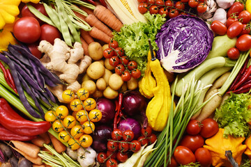 Fresh ripe colorful vegetables from market, summer or autumn farm harvest background, healthy diet vegetarian food, selective focus