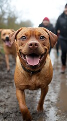 Happy brown dog walking in mud, other dogs and people in background.