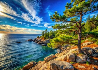 Coastal summer bliss:  pine-clad cliffs overlooking a tranquil ocean, capturing the perfect beach scape.