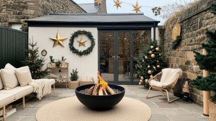 Cozy Christmas Outdoor Patio with Fire Pit, Garden Decor, and Festive Lighting