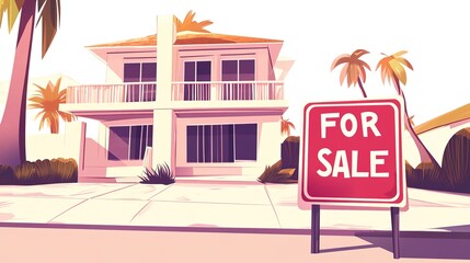 A colorful cartoon illustration of a big two-story house with a big red real estate "FOR SALE" sign near it. The art style is clean and minimalistic with flat, 2D aesthetics, bold lines, 