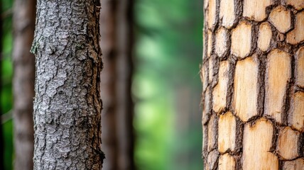 Naklejka premium Close-up of two tree trunks in forest, showing different bark textures