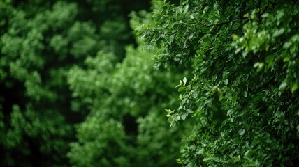 Fototapeta premium Lush green leaves on branches in dense forest