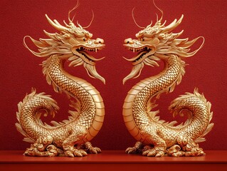 Fototapeta premium Intricately detailed golden dragons face each other on a rich crimson pedestal, perfect for Chinese New Year events or promoting high-end cultural products.