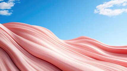 Flowing pink fabric waves against bright blue sky with clouds Abstract and surreal ambiance vibrant colors smooth textures