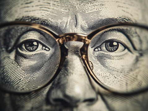 Digital pattern over hundred-dollar bill Benjamin franklin in glasses, NFT, Crypto