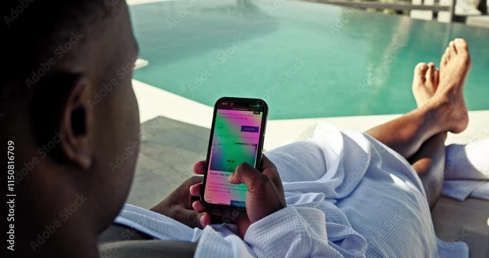 Poster hands, phone screen and pool on vacation, spa and search for activities on web with trip planning at