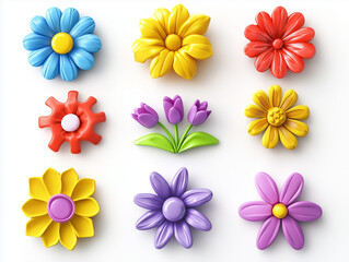 Collection of plasticine flower on a white background. 3d plastic icons