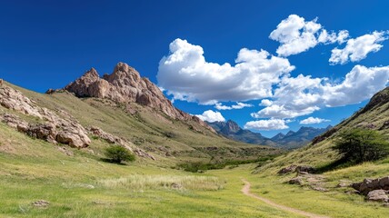 Fototapeta premium Scenic mountain landscape with clear blue sky and scattered clouds