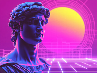 Vapor retro synth wave Greek statue of David with neon light cube surrounding his head isolated on blue background, NFT, Cryptocurrency, Crypto
