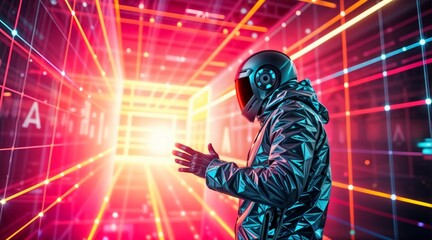 person standing on high-tech background with neon lines and dots for futuristic designs