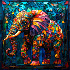 Obraz premium Illustration in stained glass style with an elephant on a blue background