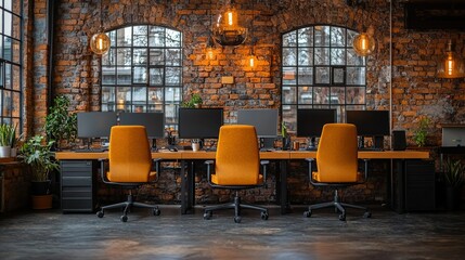Modern office interior with brick wall, computers, and orange chairs.