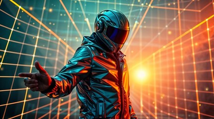 high-tech figure standing in neon-lit environment with sci-fi background for design use