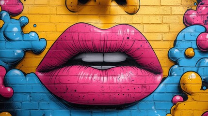 Close-up of vibrant pink lips graffiti art on a yellow and blue brick wall.
