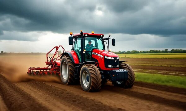 Red tractor plowing a field