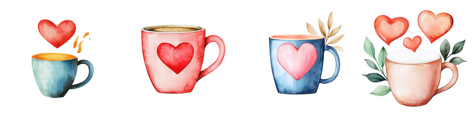 Valentine day element, Heart themed coffee mugs watercolor, isolated on transparent background