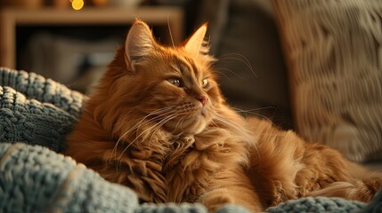Long-haired ginger cat relaxing on a cozy knitted blanket indoors.