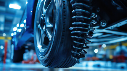Fototapeta premium Suspension of a Car Photographed in Spirals and Curves with Repair Core, Light Black, and Indigo Colors in an Auto Bodywork Style