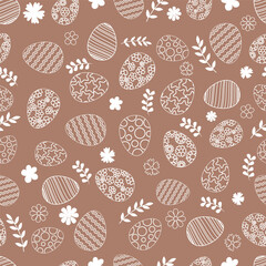 Seamless Pattern with Easter eggs. Cute Hand Drawn Easter pattern with flowers, easter eggs, great for Easter Cards, Holiday banner, textiles, wallpapers, Doodle vector design.