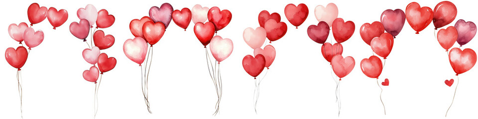 Valentine day element, Heart shaped balloons in various shades of red and pink, perfect for celebrations, isolated on transparent background.
