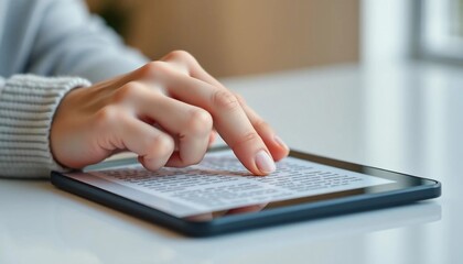 Woman s Hand Using Tablet Reading E book Close up