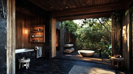 Luxurious outdoor bathroom with dark stone, wood, and lush greenery.