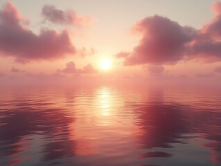 Naklejka premium Serene sunset over calm ocean water, pink clouds.