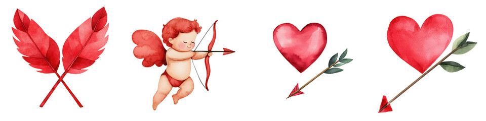 Valentine day element, Cute cupid with arrows and hearts , isolated on transparent background