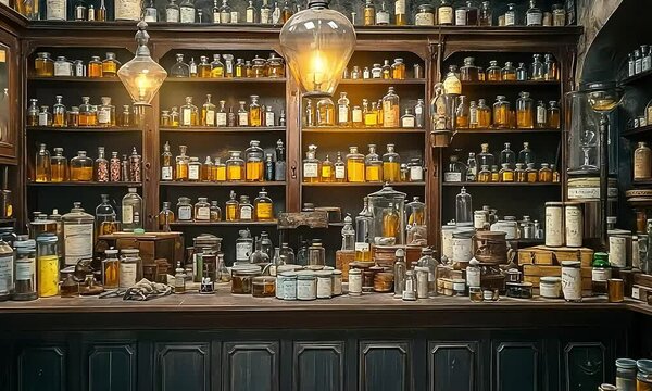 Vintage Apothecary Interior with Shelves of Glass Jars and Ancient Medicine Bottles in Warm Lighting, Evoking Nostalgia and Historic Charm in a Cosy Setting with ai generated.