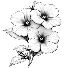 Detailed grayscale floral sketch with three open blooms and leaves.