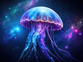 Digital painting depicting a cosmic jellyfish, a celestial being in a dark, purple-blue, sci-fi dreamscape.
