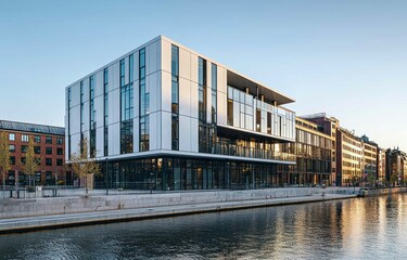 Modern glass and steel building by canal.