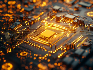 Obraz premium close up view of circuit board with glowing gold elements, showcasing technology