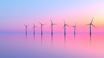 Offshore wind turbines reflecting in calm pink and blue sunset water.