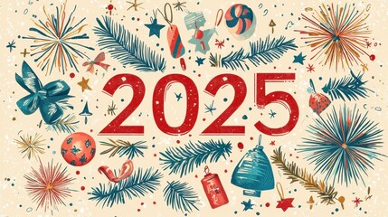 Fototapeta premium Elegant Vintage Design Celebrating the Year 2025 with Nostalgic Elements and Festive Decorations