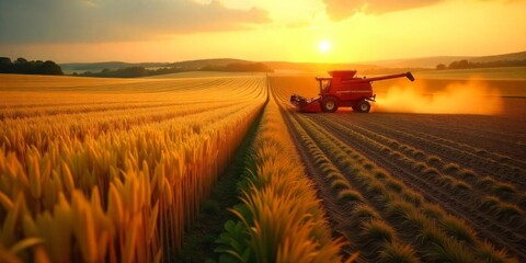 Fototapeta premium Sunset harvesting in a golden field with a combine harvester working the crops