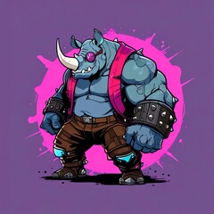 Rad Rhino Rocker: A Cartoon Illustration of a Muscular Rhinoceros in Trendy Attire