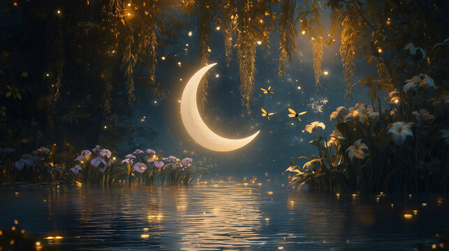 Magical crescent moon reflecting serene evening water cascading vine glowing soft golden shimmer tranquil celestial nightscape luminous charm wallpaper backdrop pond foliage wildflower dark night