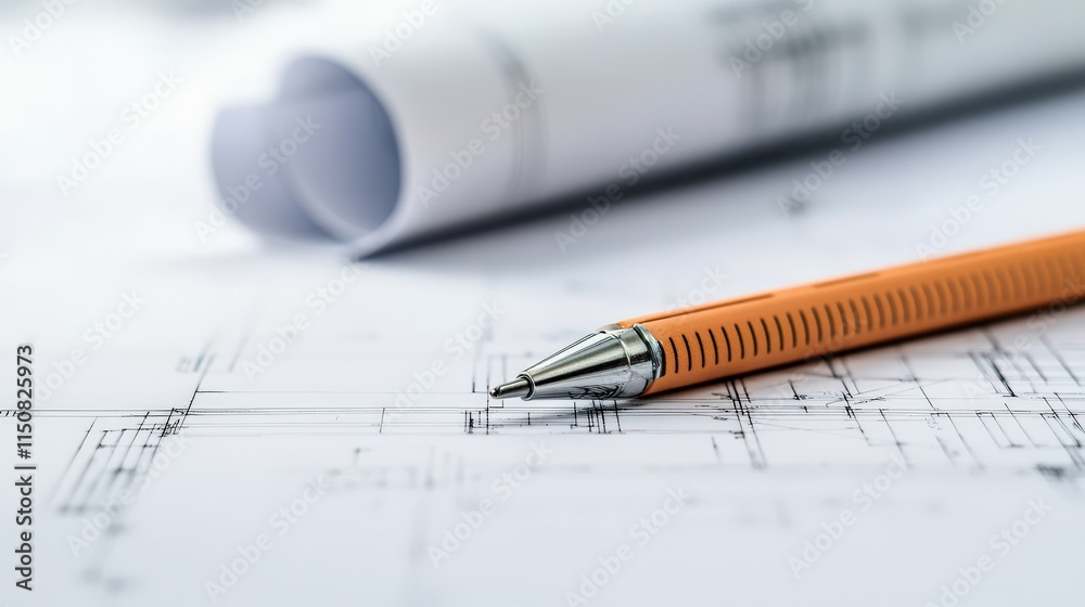 Poster close-up of a modern orange pen resting on architectural blueprints with rolled plans in the backgro