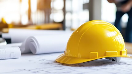 Yellow Safety Helmet on Blueprints with Construction Background, Illustrating Importance of Safety Equipment in Building Projects and Urban Planning Activities