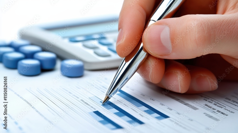 Poster close-up of a business professional hand holding a pen and analyzing financial data on a document wi