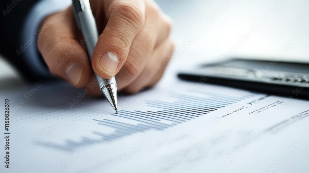 Poster business professional analyzing financial graphs and data trends with a pen and calculator in an off