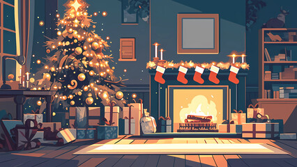 Festive Christmas Room with Glowing Tree and Fireplace